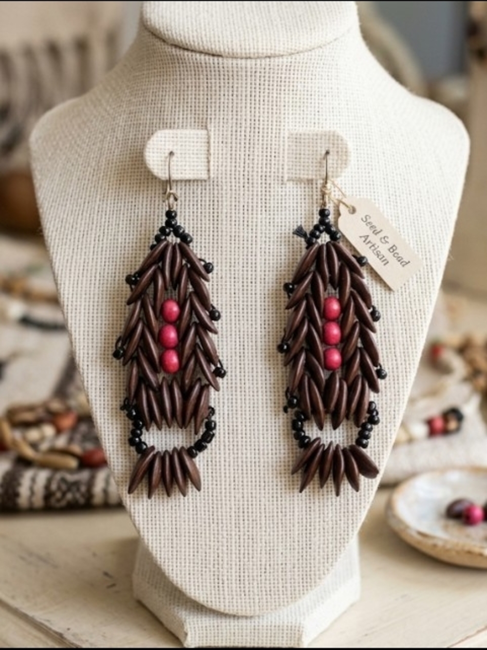 Artisan Wild Tamarind Brown and Red Seed Bead Dangle Earrings Boho Natural Wild